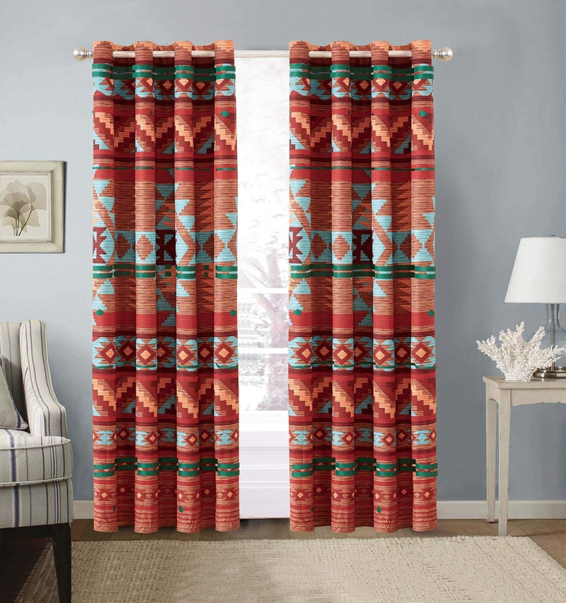 Rustic Western Southwest Native American Window Treatment Grommet Curtain Set in Beige Brown Turquoise Blue Orange Burgundy and Red Colors - Austin Brown Curtains Microfiber
